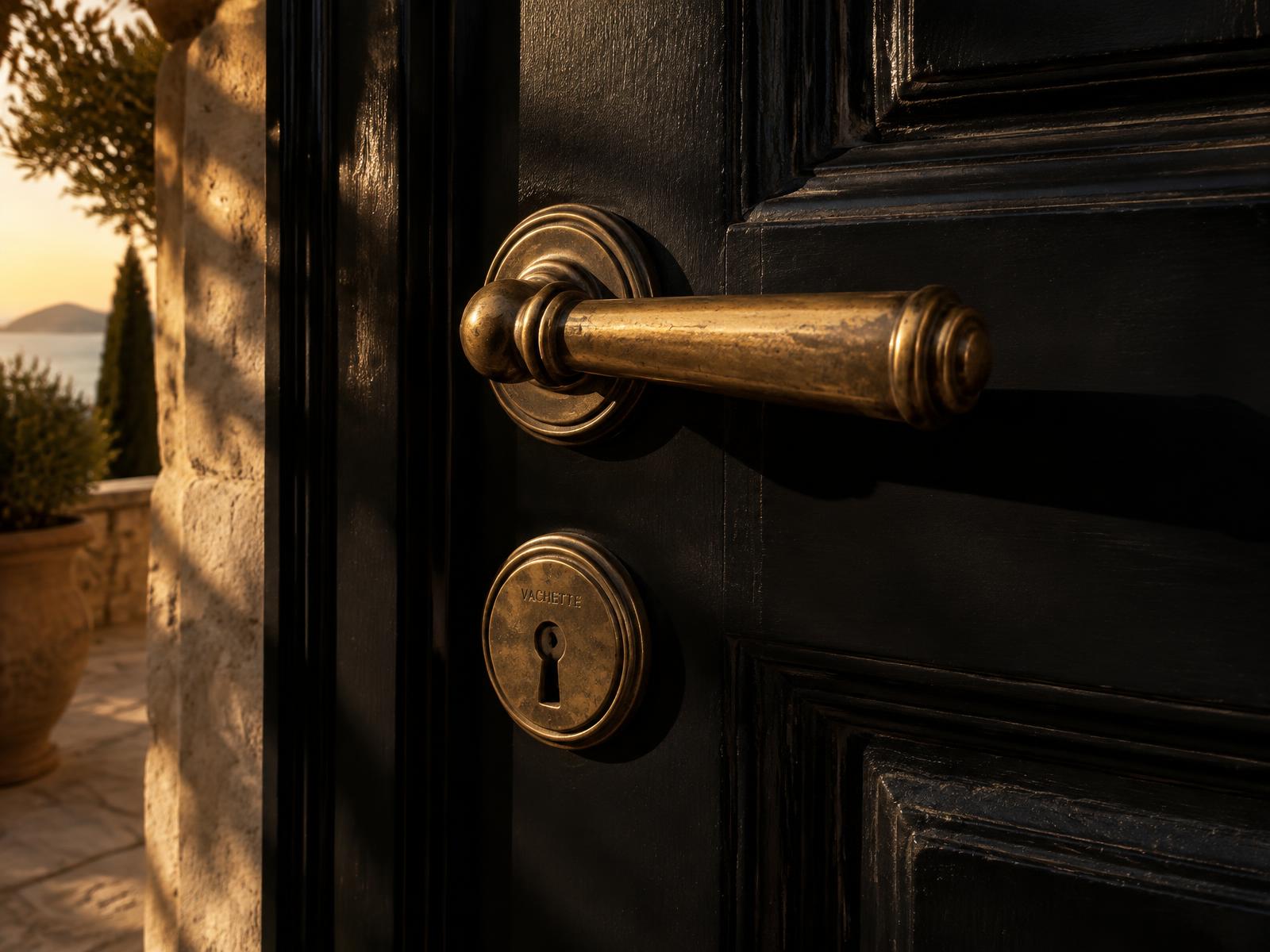 Poignée et entrée de serrure en laiton sur une porte noire, lumière du soir