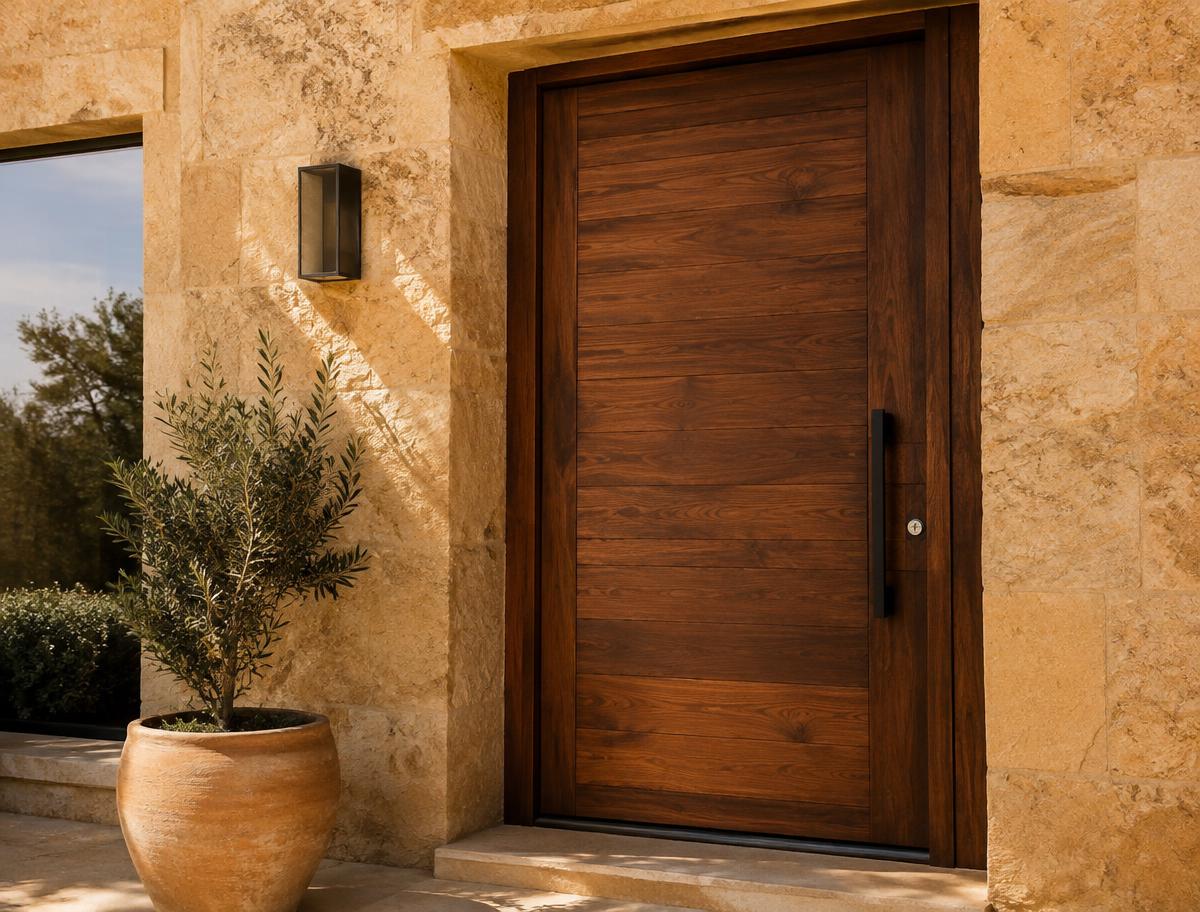 Porte d'entrée en bois massif sur une façade en pierre